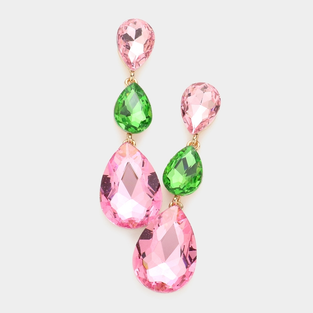 Pink & Green Two Tone Dangle Crystal Earrings 2.75 Inch Triple Tear Drop Jewelry